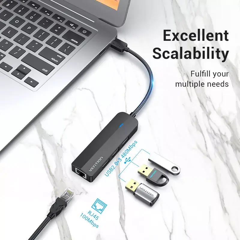 USB 2.0 hub Vention 3-poorts met 100M Ethernet adapter, USB 2.0 host, 4 poorten, zwart