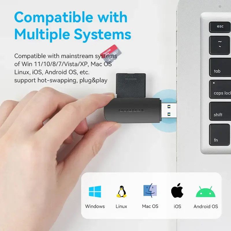 Vention CLGB0 2-in-1-kaartlezer, USB 3.0 A, SD + TF, dubbele stationsletter, zwart
