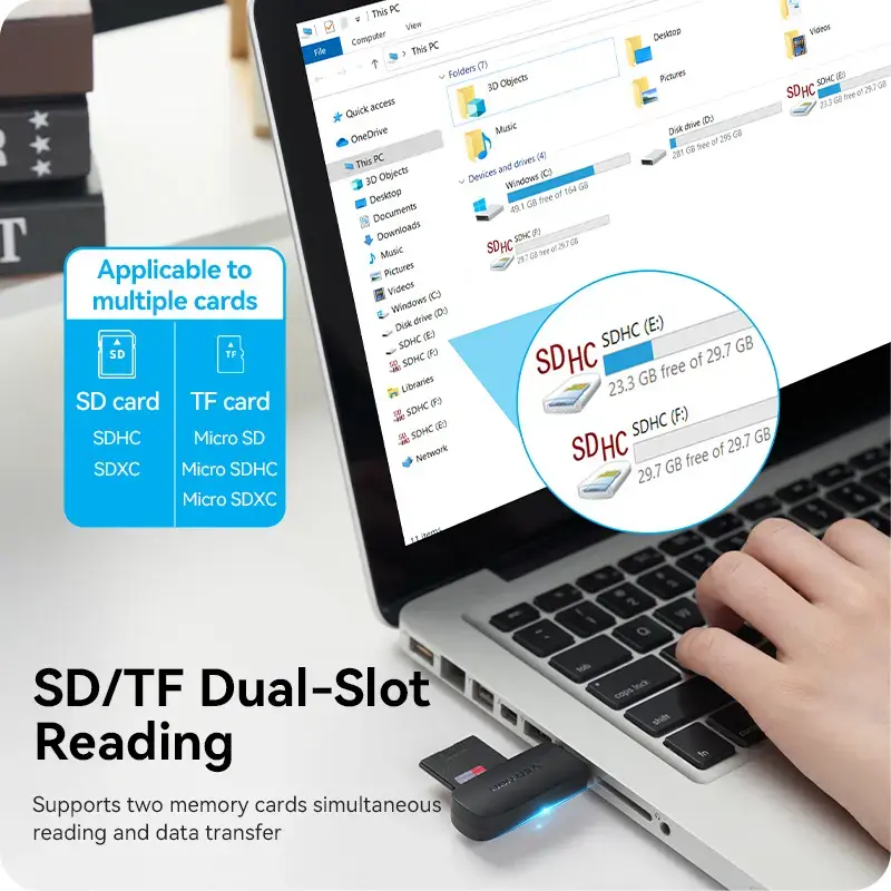 Vention CLGB0 2-in-1-kaartlezer, USB 3.0 A, SD + TF, dubbele stationsletter, zwart