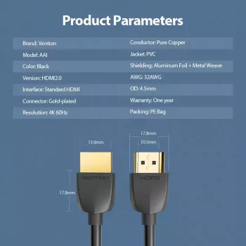 Vention draagbare HDMI-kabel 1M zwart 2.0 18 Gbit/s