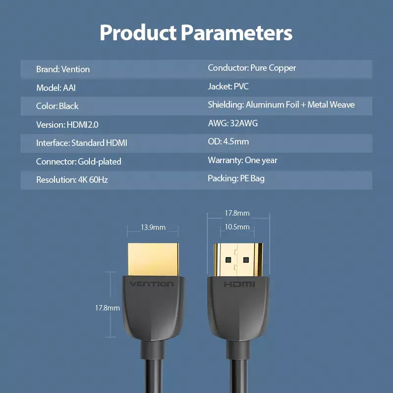 Vention draagbare HDMI-kabel 3M zwart HDMI 2.0 18 Gbit/s