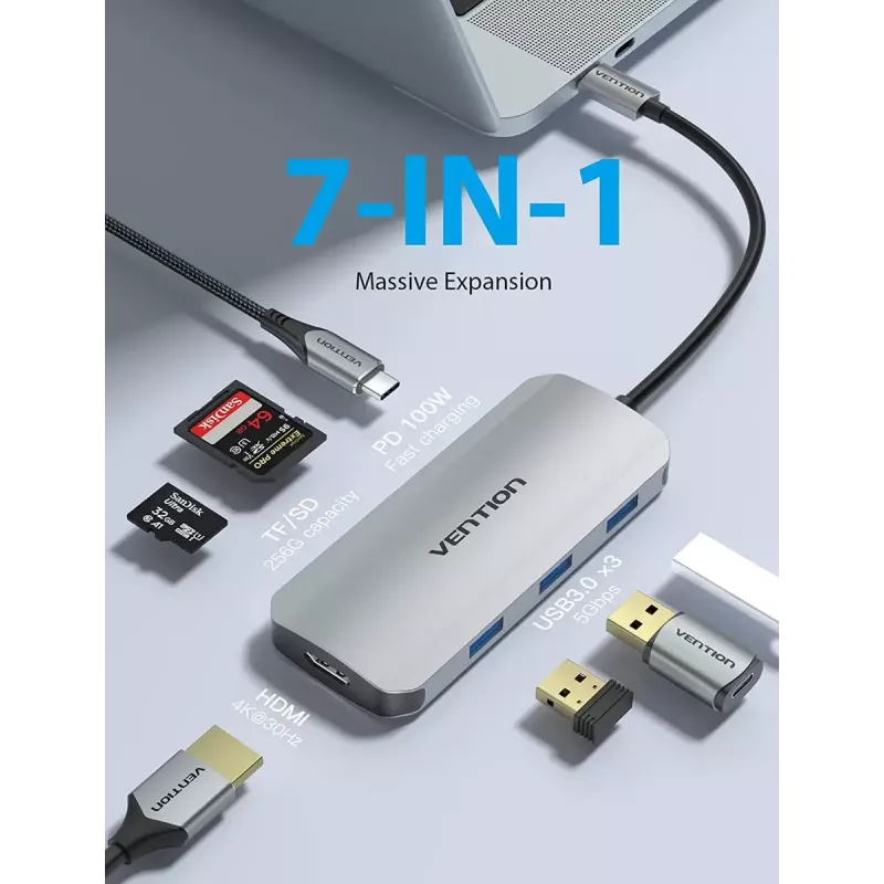Dockingstation Vention USB-C naar HDMI USB 3.0x3 SD TF PD 100W grijs