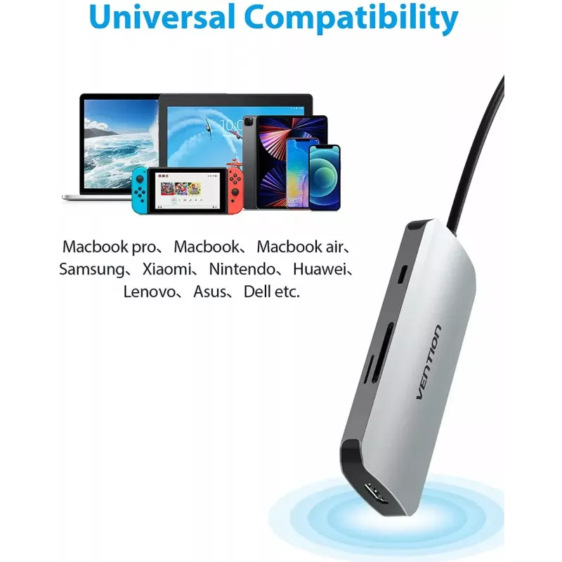 Dockingstation Vention USB-C naar HDMI USB 3.0x3 SD TF PD 100W grijs