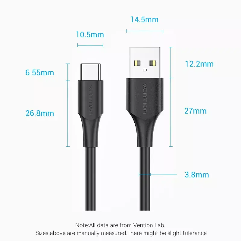 Vention USB 2.0 A-stekker naar C-stekker 3A kabel 0,25 m zwart