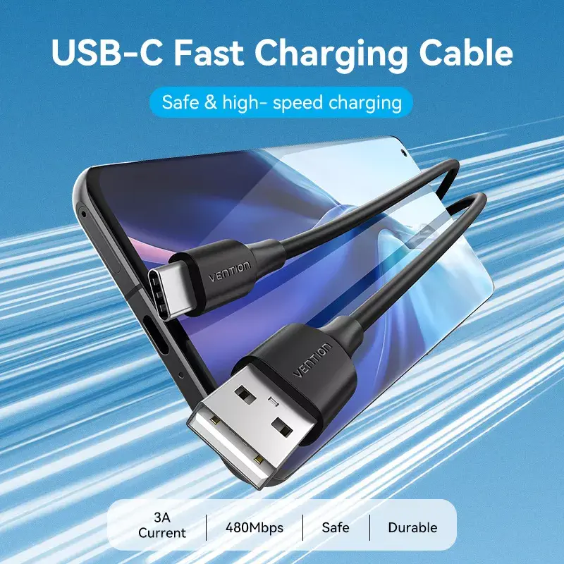 Vention USB 2.0 A-stekker naar C-stekker 3A kabel 0,25 m zwart