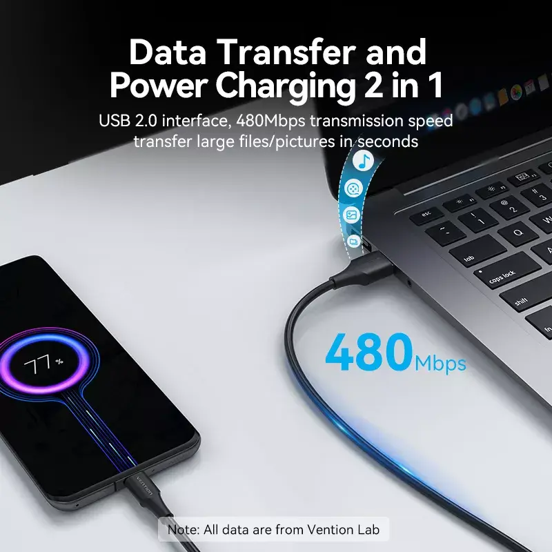 Vention USB 2.0 A male naar C male 3A-kabel 0.5M zwart