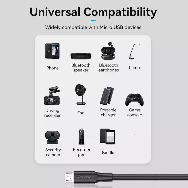 Vention USB 2.0 A-stekker naar Micro-B-stekker 2A-kabel 1M zwart