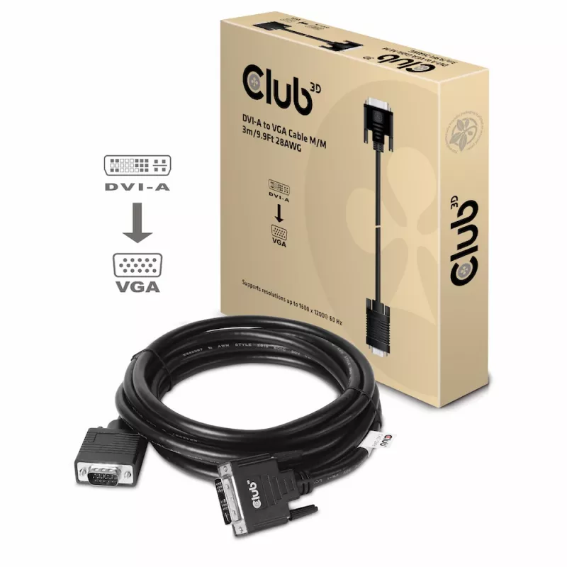 DVI-A naar VGA kabel M/M CLUB3D CAC-1243 3m 28 AWG zwart