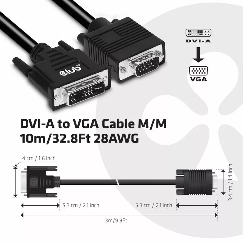 DVI-A naar VGA kabel M/M CLUB3D CAC-1243 3m 28 AWG zwart