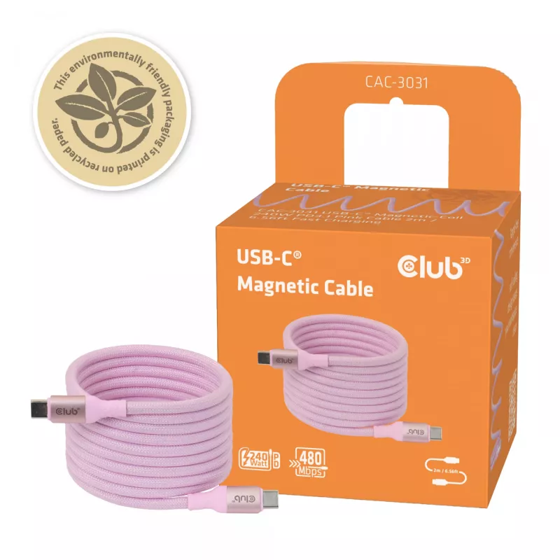 CLUB3D USB-C Magnetic-Coil 240W roze kabel 2m USB 2.0