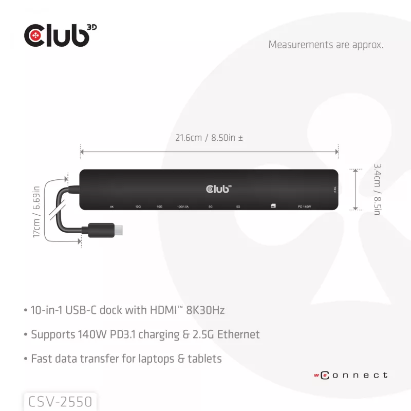 CLUB3D 10-1 draagbaar dock USB Type-C® 10Gbps naar HDMI™ 8K30Hz PD3.1 max. 140 watt