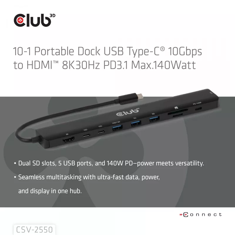 CLUB3D 10-1 draagbaar dock USB Type-C® 10Gbps naar HDMI™ 8K30Hz PD3.1 max. 140 watt