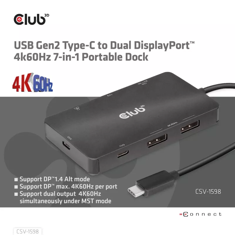 CLUB3D USB Gen2 Type-C naar Dual DisplayPort 4k60Hz 7-in-1 HUB