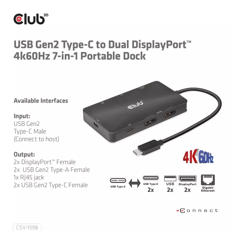 CLUB3D USB Gen2 Type-C naar Dual DisplayPort 4k60Hz 7-in-1 HUB