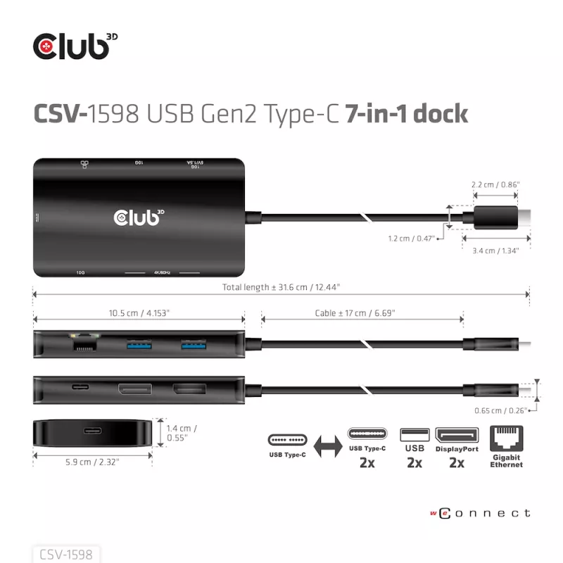 CLUB3D USB Gen2 Type-C naar Dual DisplayPort 4k60Hz 7-in-1 HUB