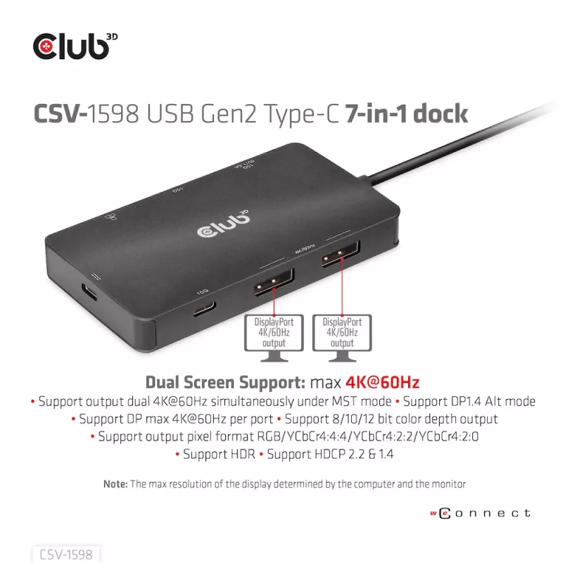 CLUB3D USB Gen2 Type-C naar Dual DisplayPort 4k60Hz 7-in-1 HUB