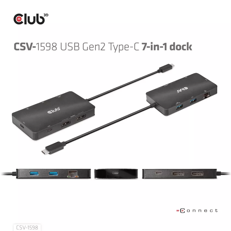 CLUB3D USB Gen2 Type-C naar Dual DisplayPort 4k60Hz 7-in-1 HUB
