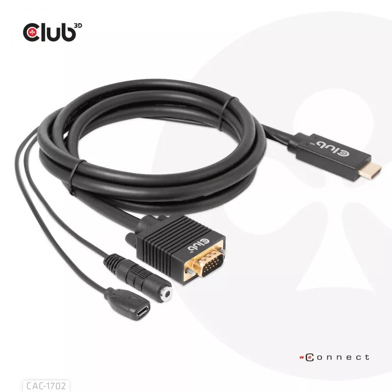 Club 3D CAC-1712 HDMI-naar-VGA-kabel M/M met Micro-USB-voeding en 3,5 mm-audio, 2 m (6,56 ft), 28AWG