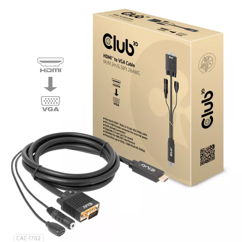 Club 3D CAC-1712 HDMI-naar-VGA-kabel M/M met Micro-USB-voeding en 3,5 mm-audio, 2 m (6,56 ft), 28AWG