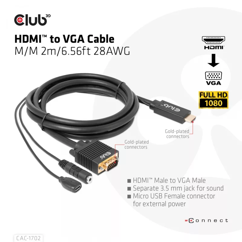 Club 3D CAC-1712 HDMI-naar-VGA-kabel M/M met Micro-USB-voeding en 3,5 mm-audio, 2 m (6,56 ft), 28AWG