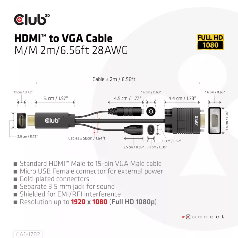 Club 3D CAC-1712 HDMI-naar-VGA-kabel M/M met Micro-USB-voeding en 3,5 mm-audio, 2 m (6,56 ft), 28AWG