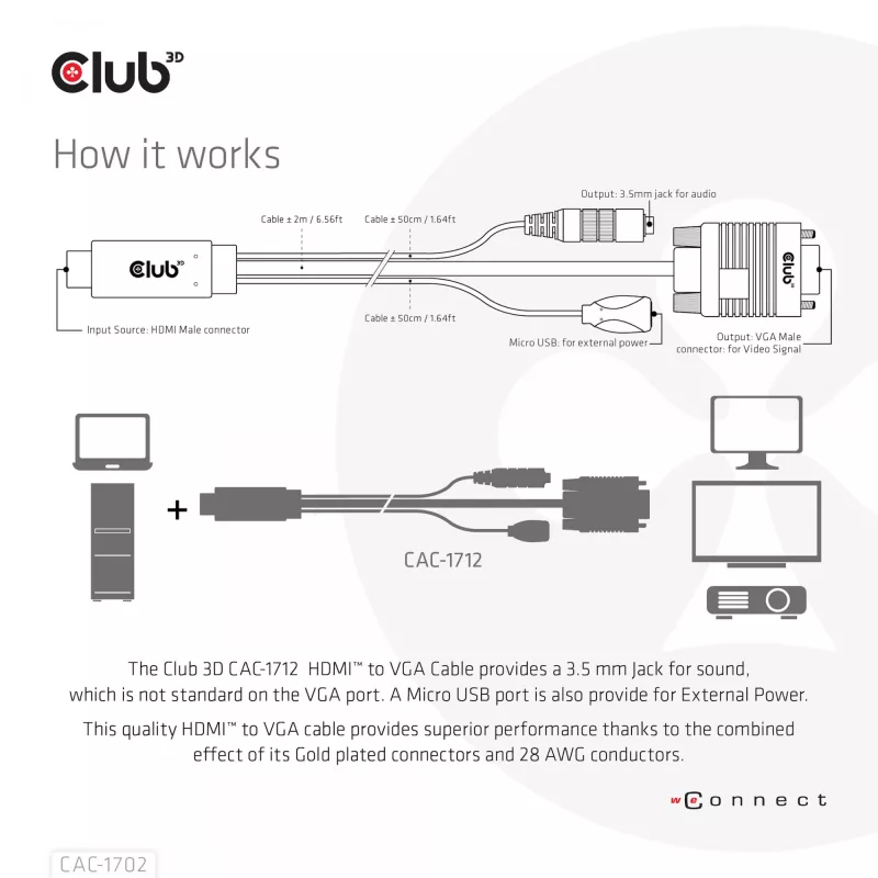 Club 3D CAC-1712 HDMI-naar-VGA-kabel M/M met Micro-USB-voeding en 3,5 mm-audio, 2 m (6,56 ft), 28AWG
