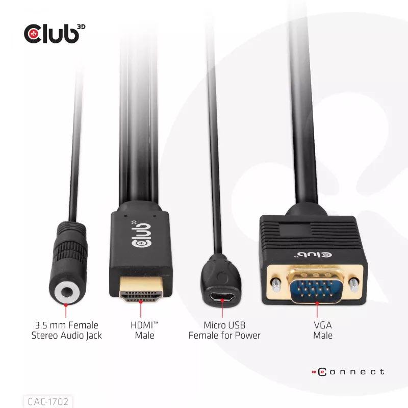 Club 3D CAC-1712 HDMI-naar-VGA-kabel M/M met Micro-USB-voeding en 3,5 mm-audio, 2 m (6,56 ft), 28AWG