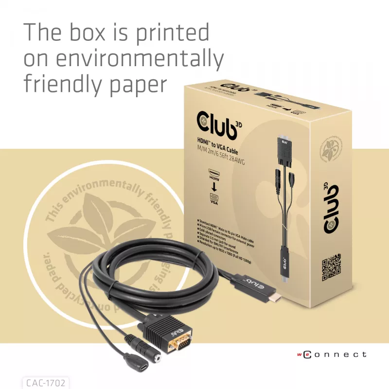 Club 3D CAC-1712 HDMI-naar-VGA-kabel M/M met Micro-USB-voeding en 3,5 mm-audio, 2 m (6,56 ft), 28AWG
