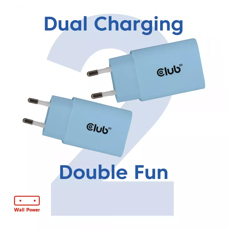 CLUB3D 2-pack USB-C-oplader 30 watt wit, binnen, AC, blauw