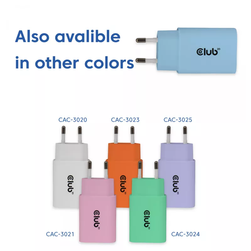 CLUB3D 2-pack USB-C-oplader 30 watt wit, binnen, AC, blauw