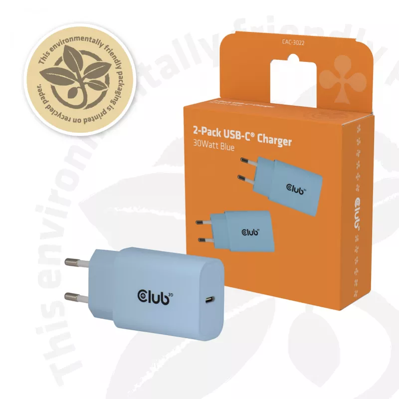 CLUB3D 2-pack USB-C-oplader 30 watt wit, binnen, AC, blauw