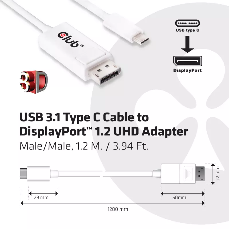 CLUB3D USB 3.1 type C kabel naar DisplayPort 1.2 UHD adapter