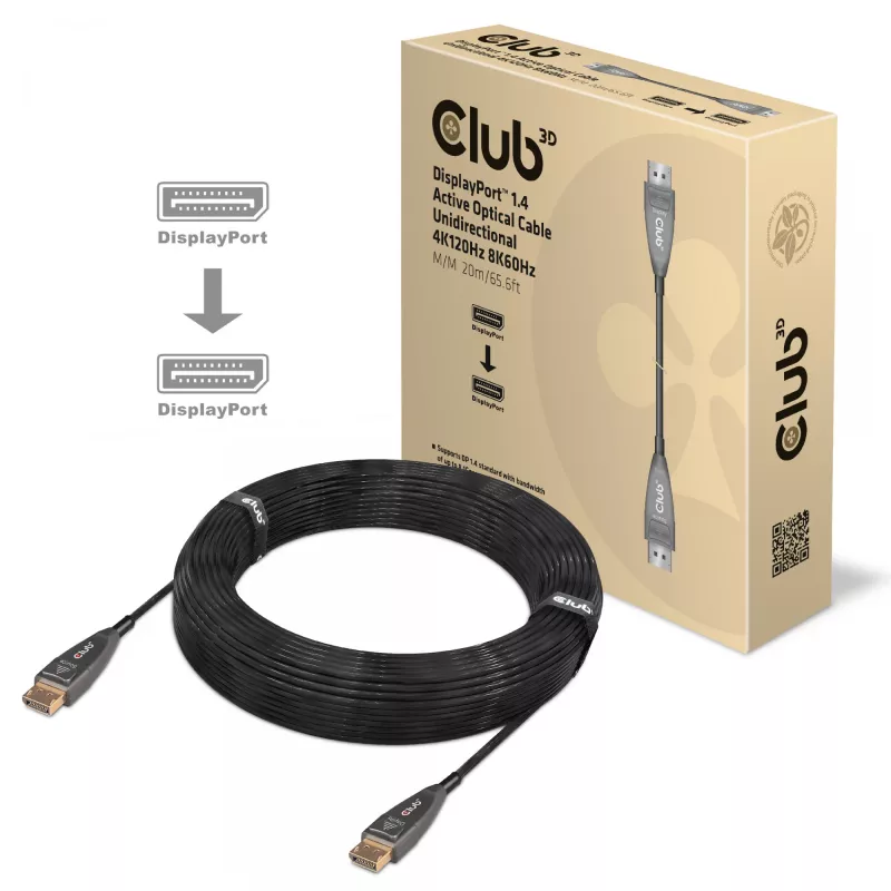 CLUB3D DisplayPort 1.4 Active Optical Cable unidirectioneel 4K120Hz 8K60Hz M/M 20m/65.62ft