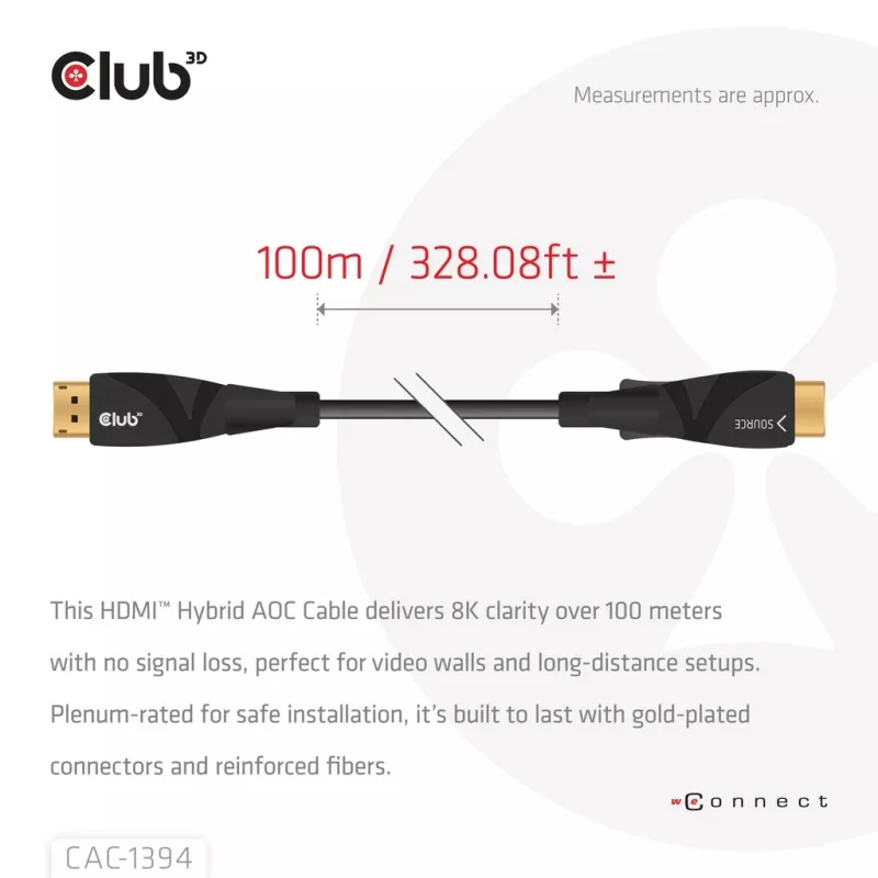 CLUB3D CAC-1394 Ultra High Speed AOC-kabel 4K120Hz/8K60Hz unidirectioneel M/M 100m