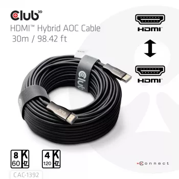 CLUB3D HDMI™ Hybrid AOC kabel 8K60Hz/4K120Hz 30m / 98,42 ft, 30 m, HDMI type A (standaard), HDMI type A (standaard), 48 Gbit/s, zwart