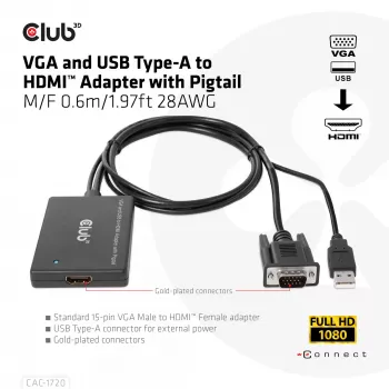 Club 3D CAC-1720 VGA- en USB Type-A-naar-HDMI-adapter met pigtail M/V, 0,6 m (1,97 ft), 28AWG, zwart