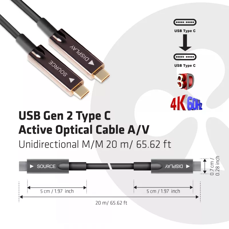 CLUB3D USB Gen 2 Type C Active Optical kabel A/V unidirectioneel M/M 20 m