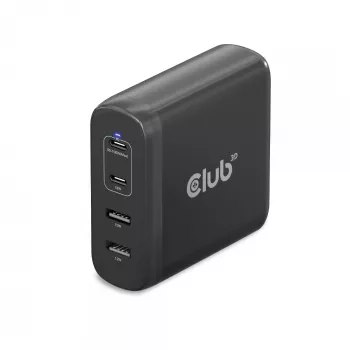 CLUB3D reisoplader 100W GaN-technologie, vier aansluitingen USB Type-A (2x) en -C (2x), Power Delivery (PD) 3.0 ondersteuning