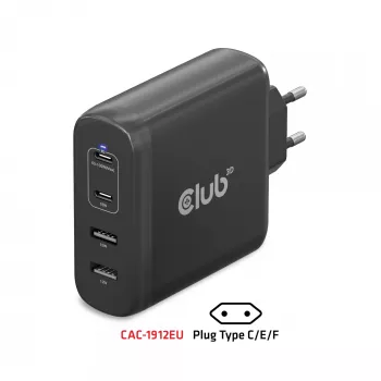 CLUB3D reisoplader 100W GaN-technologie, vier aansluitingen USB Type-A (2x) en -C (2x), Power Delivery (PD) 3.0 ondersteuning
