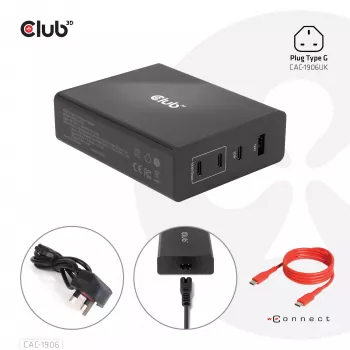 CLUB3D reisoplader 132W GaN-technologie, vier poorten USB Type-A en -C, Power Delivery (PD) 3.0 ondersteuning