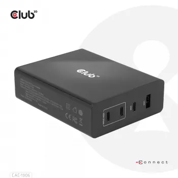 CLUB3D reisoplader 132W GaN-technologie, vier poorten USB Type-A en -C, Power Delivery (PD) 3.0 ondersteuning