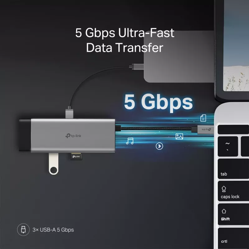 USB Type-C-hub TP-Link UH7021C — HDMI, USB 3.2 Gen1, USB 2.0, SD/microSD, 5000 Mbit/s, aluminium zwart