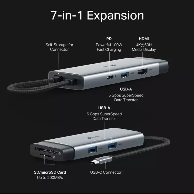 USB Type-C-hub TP-Link UH7021C — HDMI, USB 3.2 Gen1, USB 2.0, SD/microSD, 5000 Mbit/s, aluminium zwart
