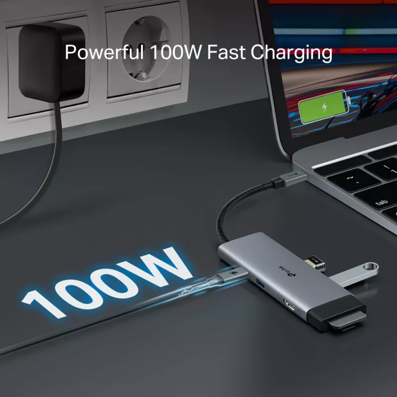 USB Type-C-hub TP-Link UH7021C — HDMI, USB 3.2 Gen1, USB 2.0, SD/microSD, 5000 Mbit/s, aluminium zwart