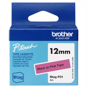 Labelband Brother BTAG-P31 zwart op roze 1,2 cm 4 m