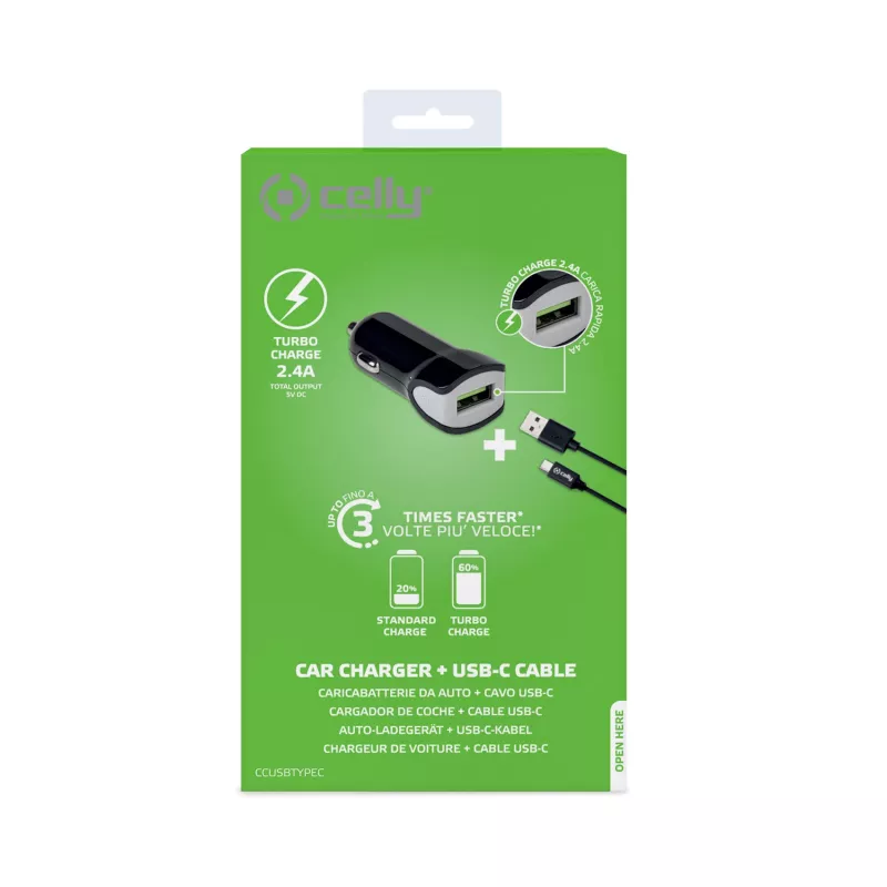Celly CCUSBTYPEC mobiele oplader smartphone, tablet zwart sigarettenaansteker auto