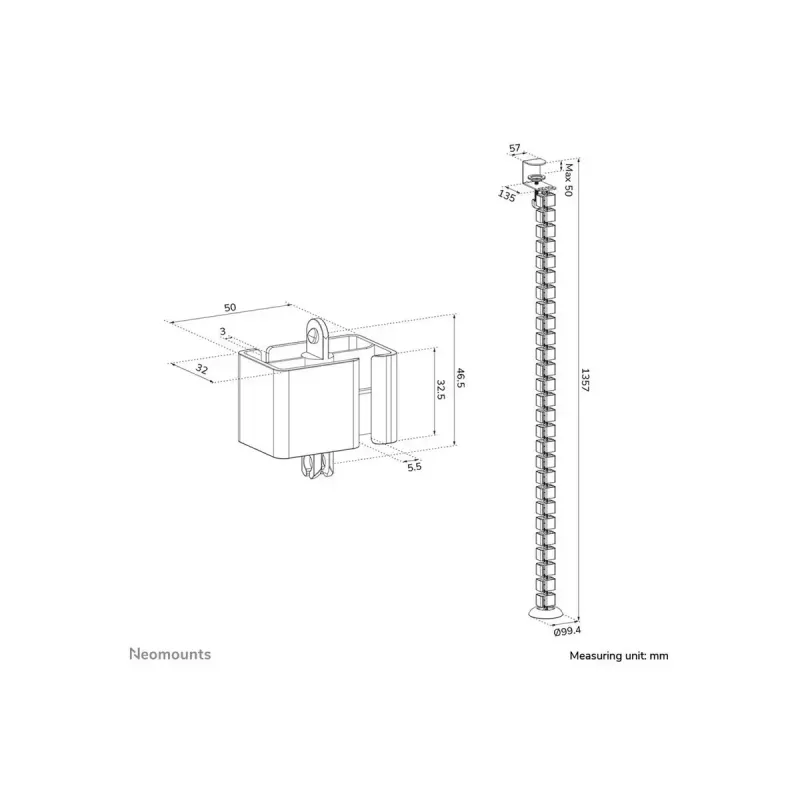 Kabelgoot met klembevestiging Neomounts ADS06-131WH, universele witte kabelorganizer