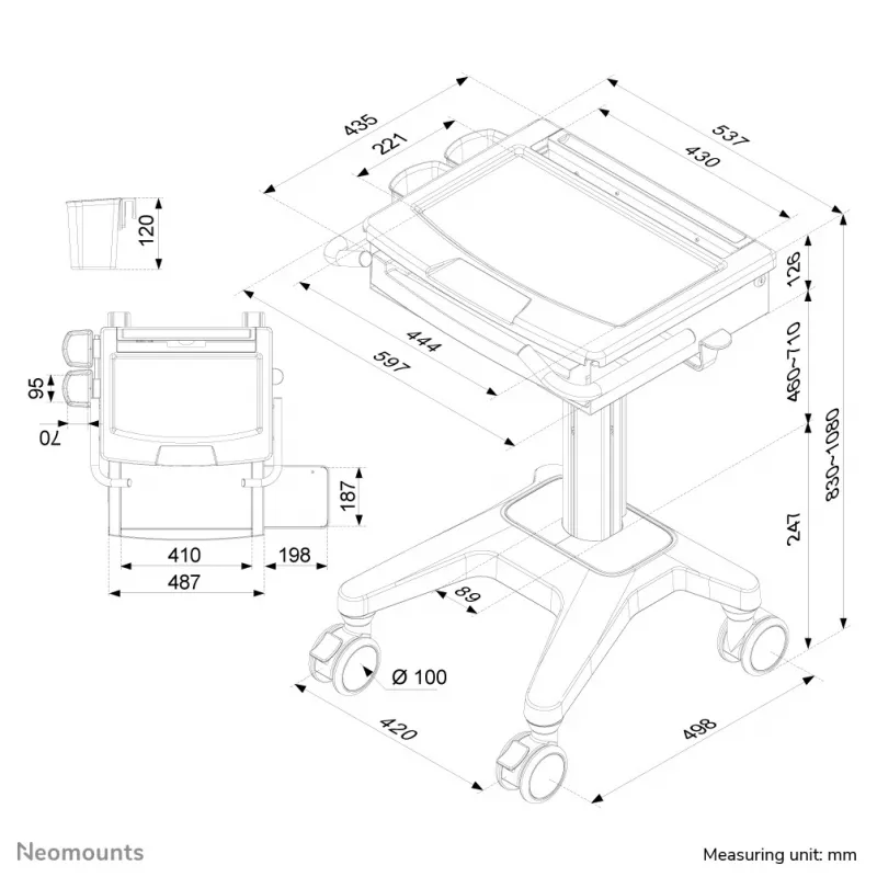 Multimediawagen Neomounts MED-M200 aluminium wit 1080 mm