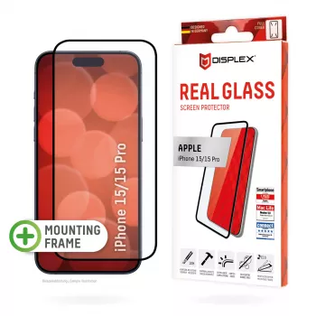 Displex Full Cover displayschermglas (10H) voor Apple iPhone 15/15 Pro, Eco montageframe, Full Cover