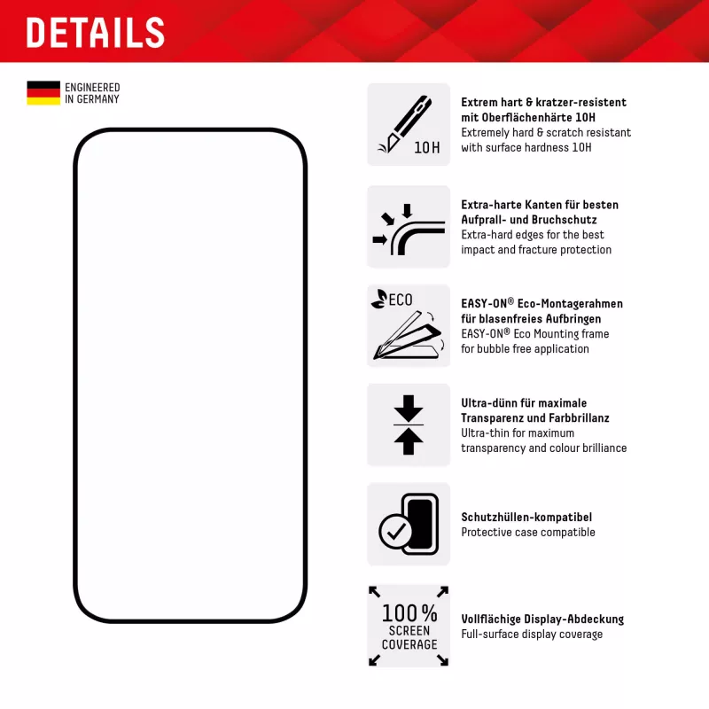 Displex Full Cover displayschermglas (10H) voor Apple iPhone 15/15 Pro, Eco montageframe, Full Cover